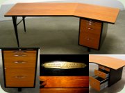 Swedish 50's large
                          desk in teak veneer, black lacquered metal and
                          chrome handles, Lindqvist Motala