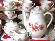 Rörstrand Swedish Grace coffee set with
                          pink/burgundy floral desor, Louise Adelborg