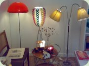 60's floor lamp with plastic shade, 50's
                          floor lamp with shadre re-made in plastic
                          stripes and a 50's two-armed floor lamp