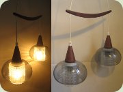 60's teak ceiling lamp
                          with grey glass shades, inner shades in clear
                          glass