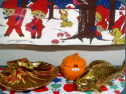 Guldkroken Hjo orange apple lided jar,
                          fish shaped vase and shell shaped dish in
                          golden lustre glaze